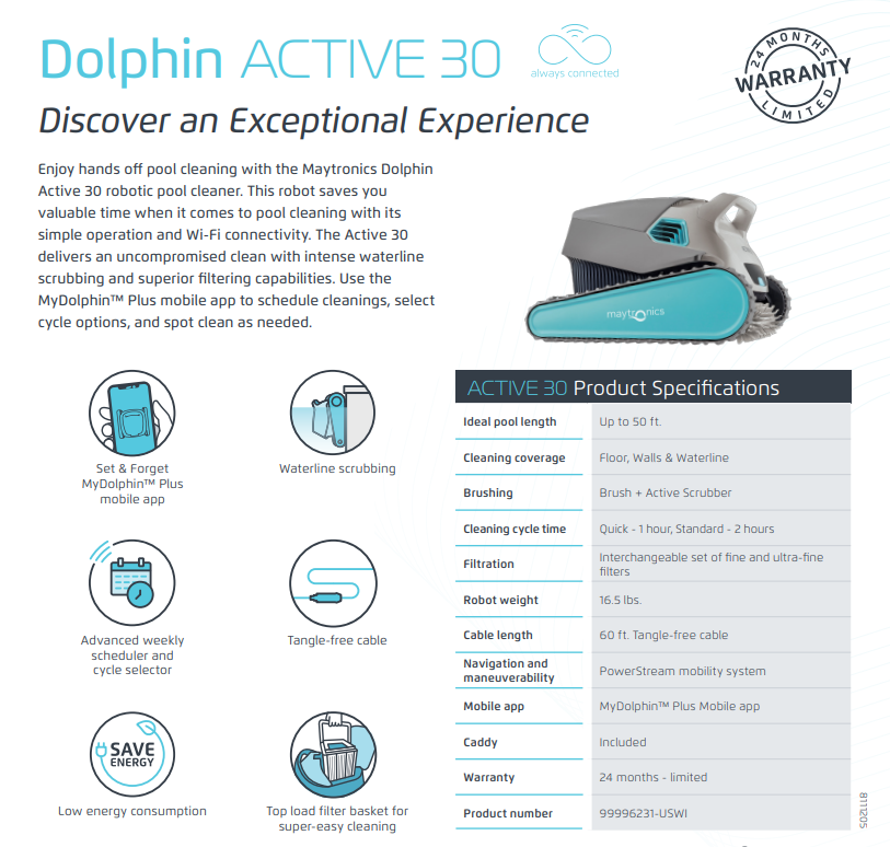 MAYTRONICS Dolphin Active 30 Robotic Pool Cleaner 99996231USWI