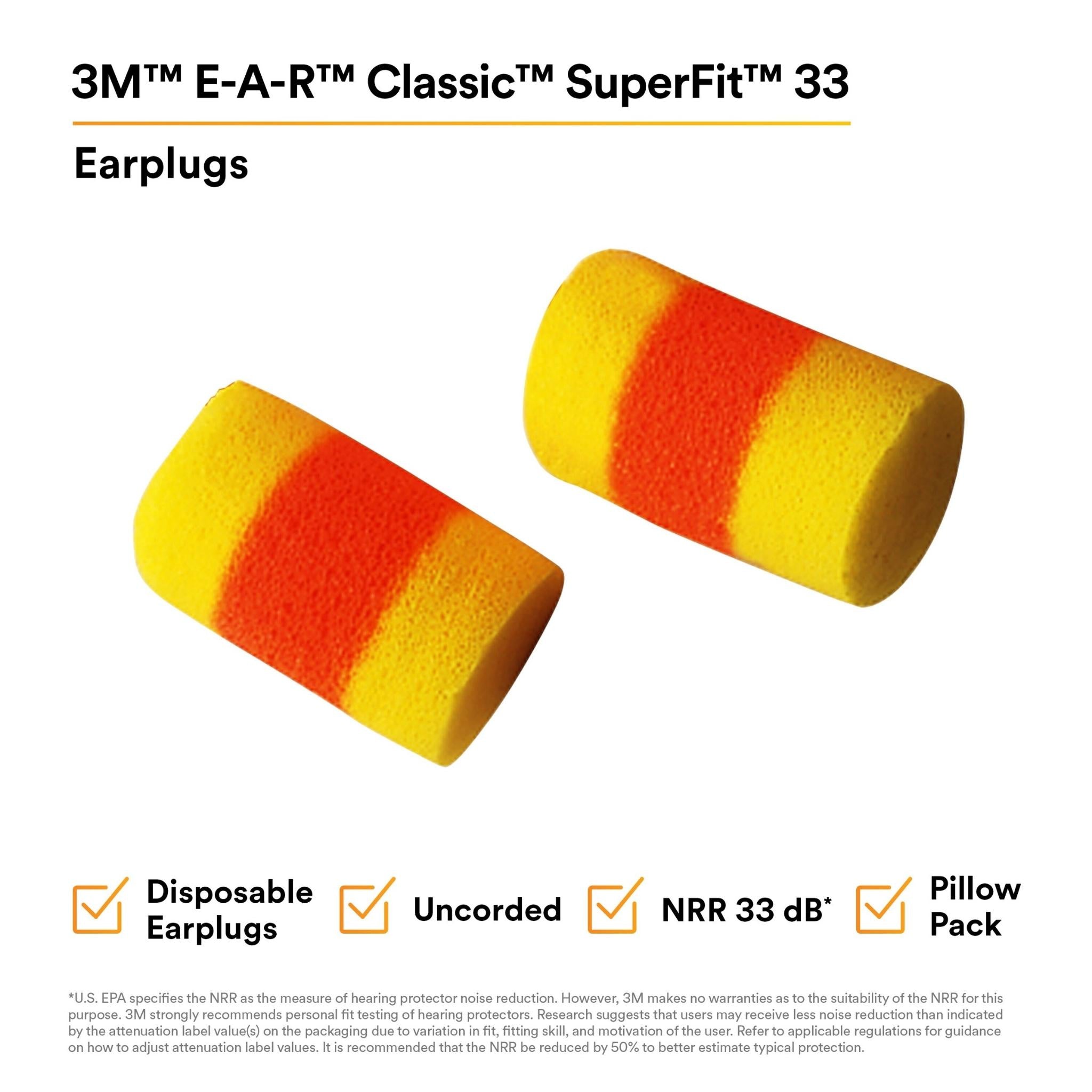 3M™ E-A-R™ Classic™ SuperFit™ 33 Earplugs 310-1008, Uncorded, Pillow Pack, 200 Pair/Case