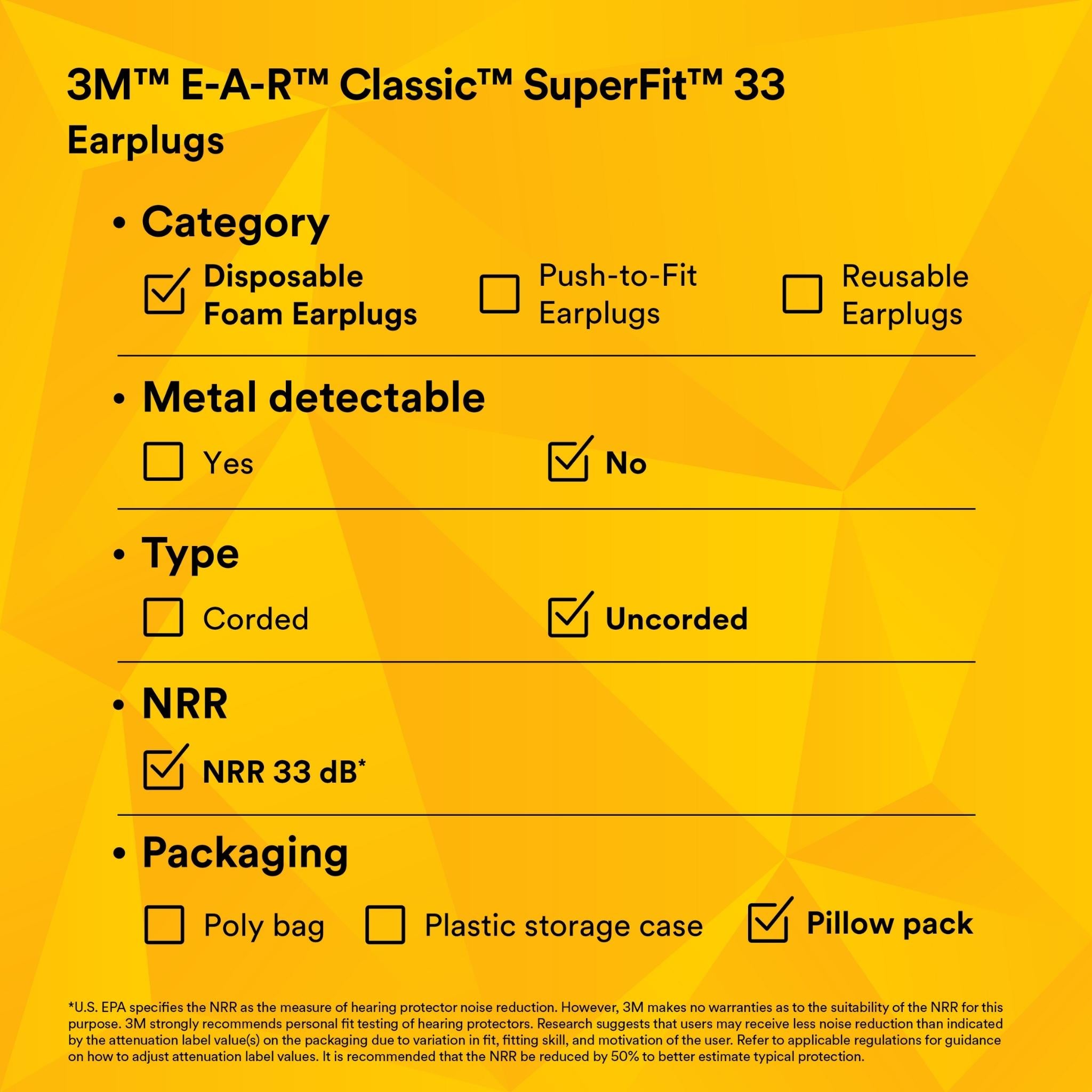 3M™ E-A-R™ Classic™ SuperFit™ 33 Earplugs 310-1008, Uncorded, Pillow Pack, 200 Pair/Case