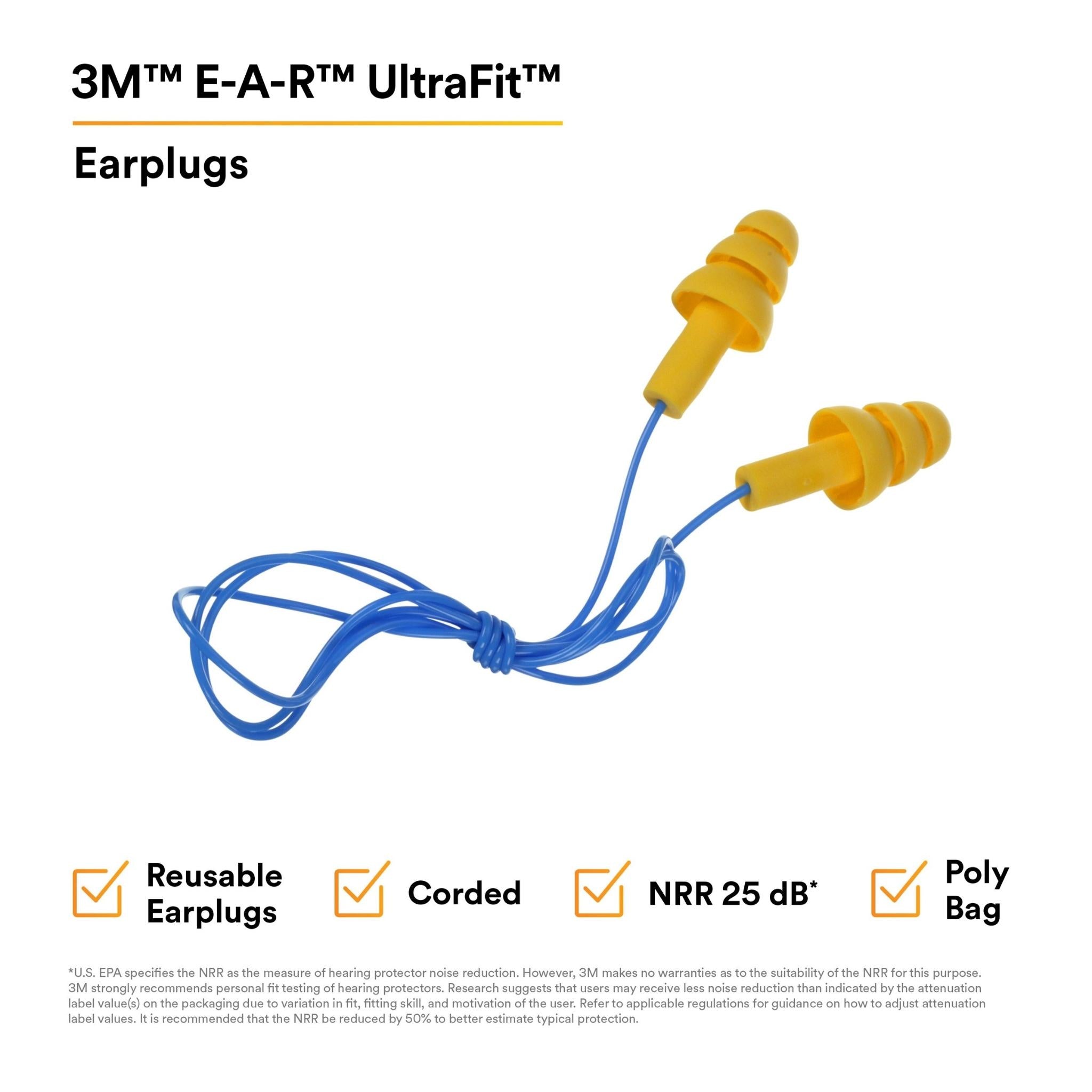 3M™ E-A-R™ UltraFit™ Earplugs 340-4004, Corded, Poly Bag