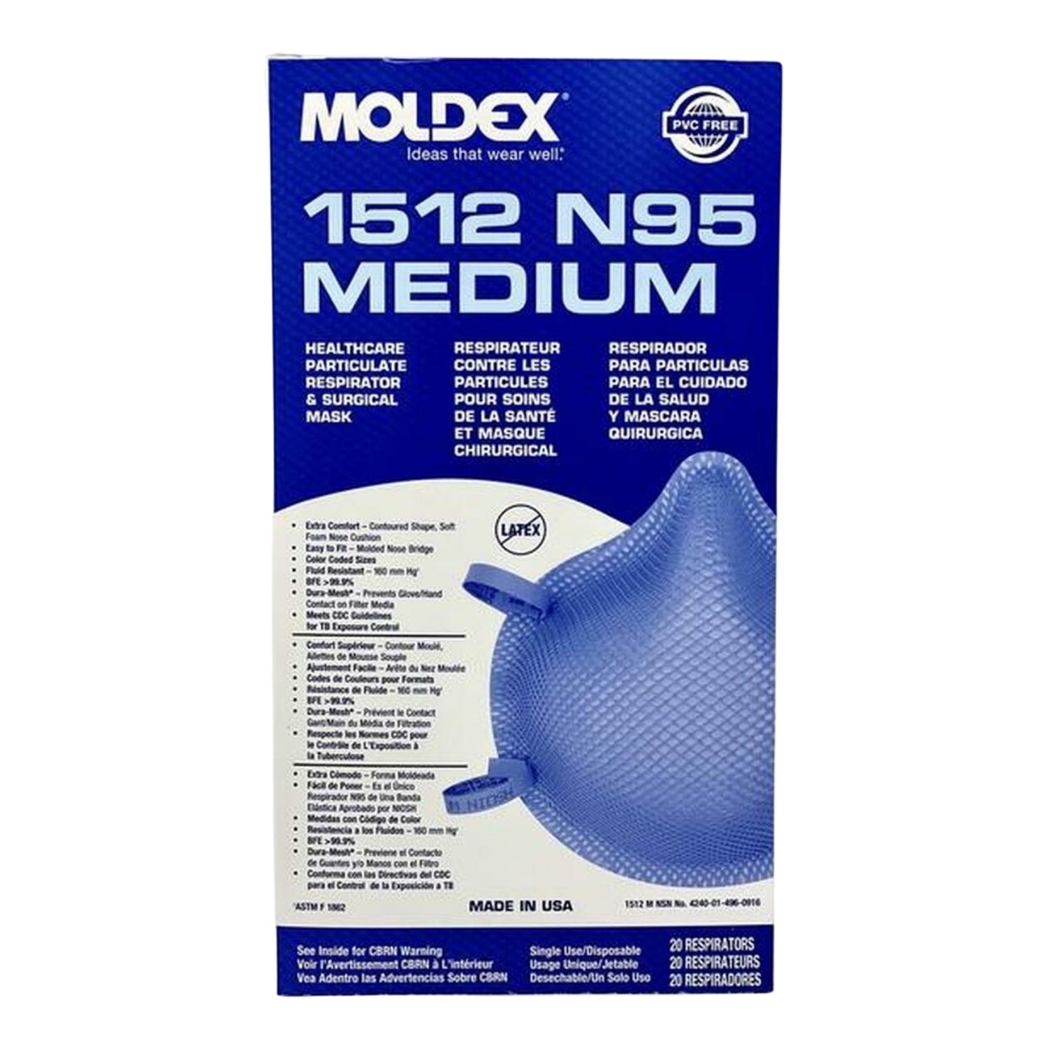 MOLDEX 1512 - N95 1500 Series Healthcare Particulate Respirators and Surgical Masks, Medium - 20/BOX