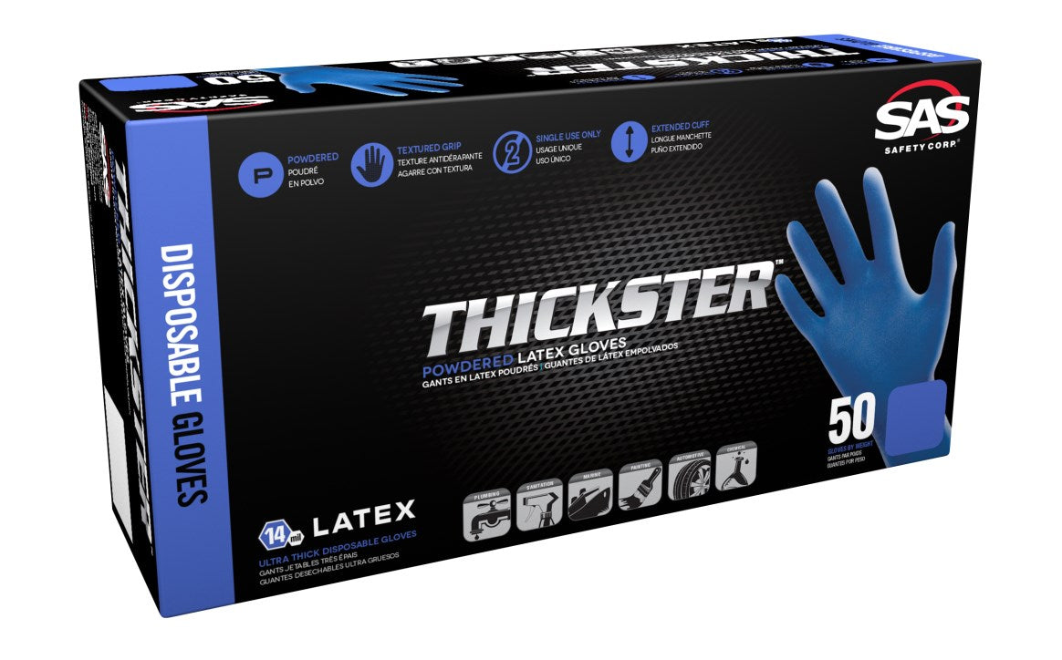 SAS Safety Thickster Powder-Free Exam Grade Latex Disposable Gloves, Blue, 14 mil Thickness, Fully Textured for Superior Grip, Single Use, 50 Per Pack