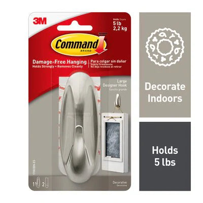 Command Decorative Hooks, Traditional, Large, Plastic, Silver, 5 lb Capacity, 1 Hook and 2 Strips/Pack