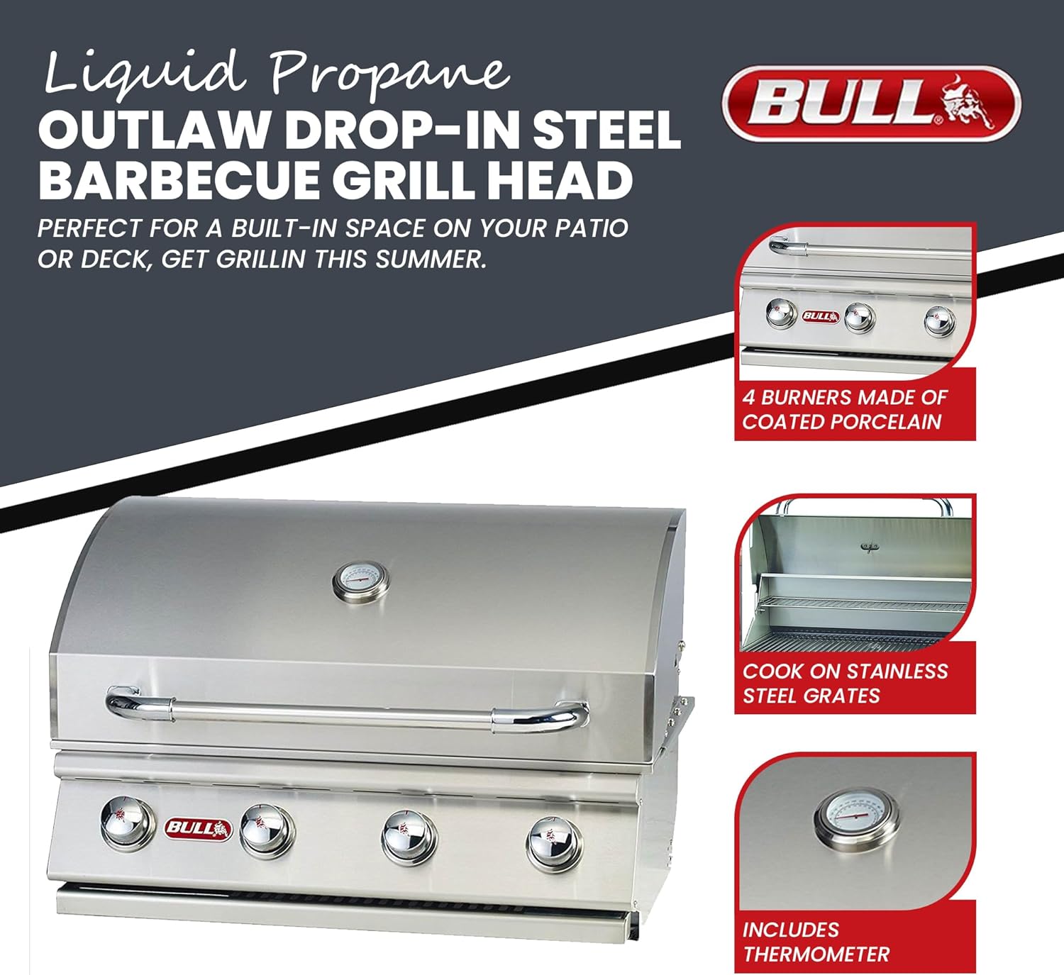 BULL OUTDOOR PRODUCTS 30" Liquid Propane Outlaw Stainless Steel Gas Grill Head - 4 Burner