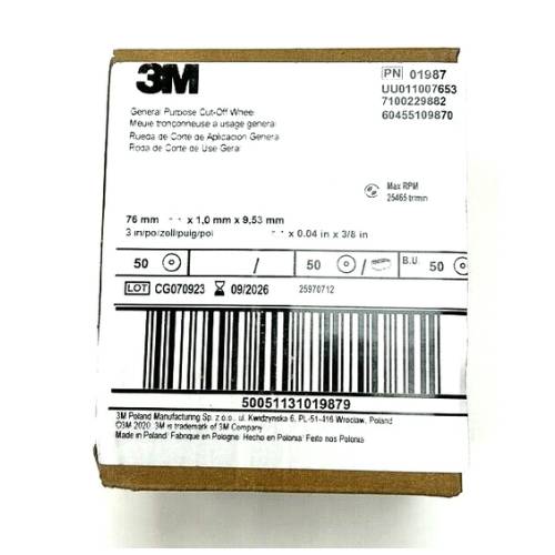 3M 01987 3" x 1/32" x 3/8" General Purpose Cut-Off Wheel 50 PACK