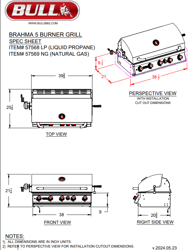 Bull Outdoor Products 38" Natural Gas Brahma Stainless Steel Built-In Gas Grill - 5 Burner 57569