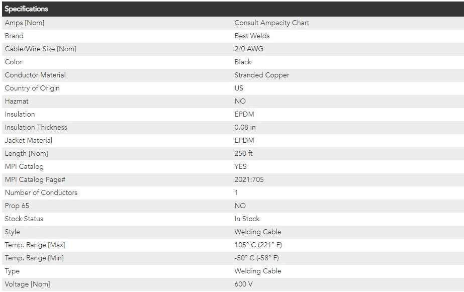 Best Welds Welding Cable, 2/0 AWG, 250 ft Reel, Black