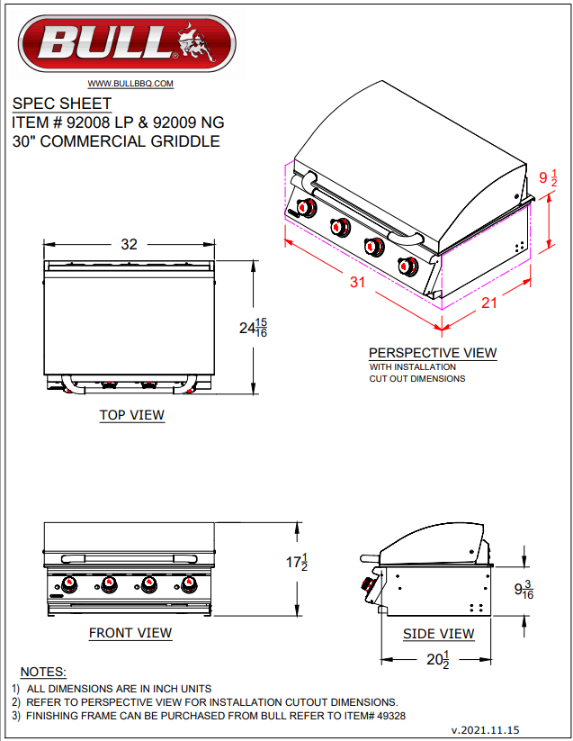 Bull Outdoor Products 30" Liquid Propane Commercial Style Griddle Head for Outdoor Kitchen 92008