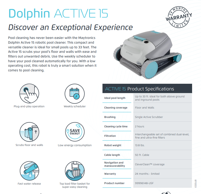 MAYTRONICS Dolphin™ Active 15 Robotic Pool Cleaner 99996148-USF