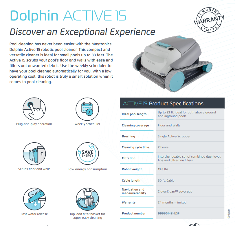 Maytronics Active MAYTRONICS Dolphin™ Active 15 Robotic Pool Cleaner 99996148-USF ...