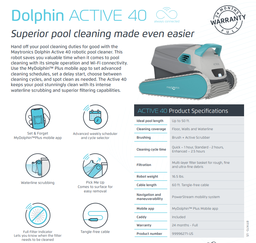 MAYTRONICS Dolphin™ Active 40 Robotic Pool Cleaner 99996271-US