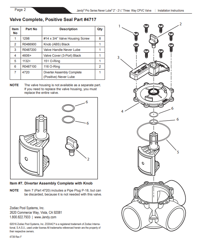 JANDY 1.5"-2" & 2"-2.5" NeverLube Valve Diverter Kit 4720