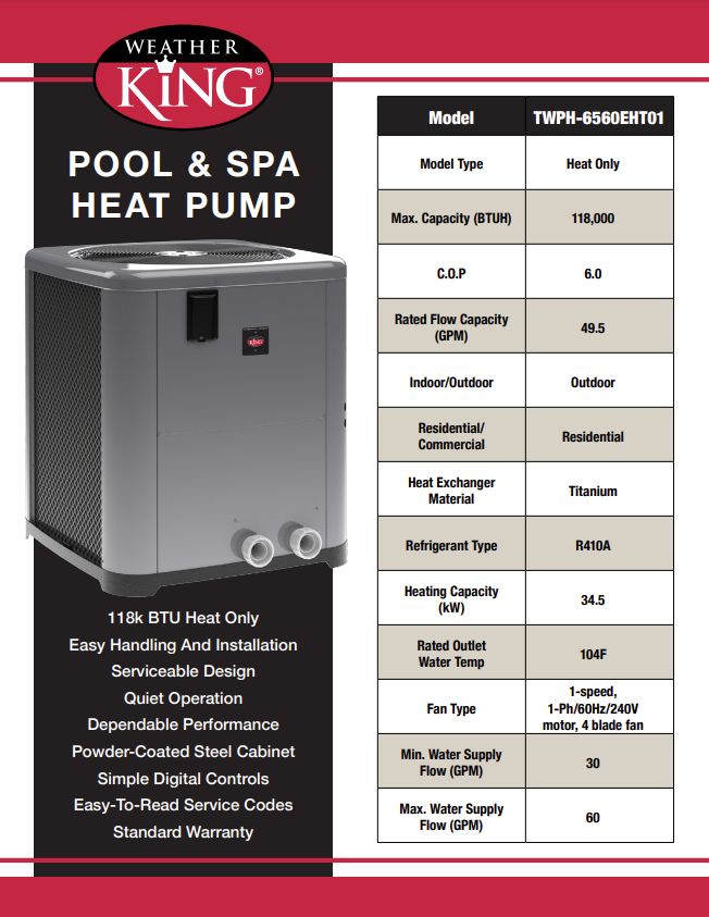 Raypak WeatherKing 118K BTU Heat Pump 6560 with Powder-Coated Steel Cabinet, and Digital Controls - TWPH-6560EHT01