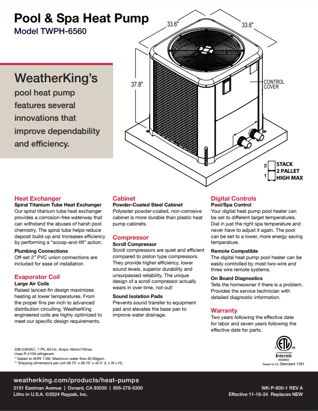 Raypak WeatherKing 118K BTU Heat Pump 6560 with Powder-Coated Steel Cabinet, and Digital Controls - TWPH-6560EHT01
