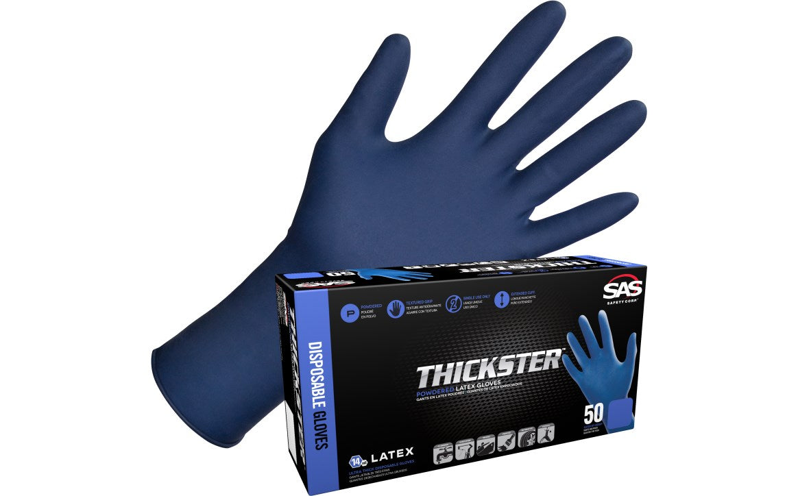 SAS Safety Thickster Powder-Free Exam Grade Latex Disposable Gloves, Blue, 14 mil Thickness, Fully Textured for Superior Grip, Single Use, 50 Per Pack