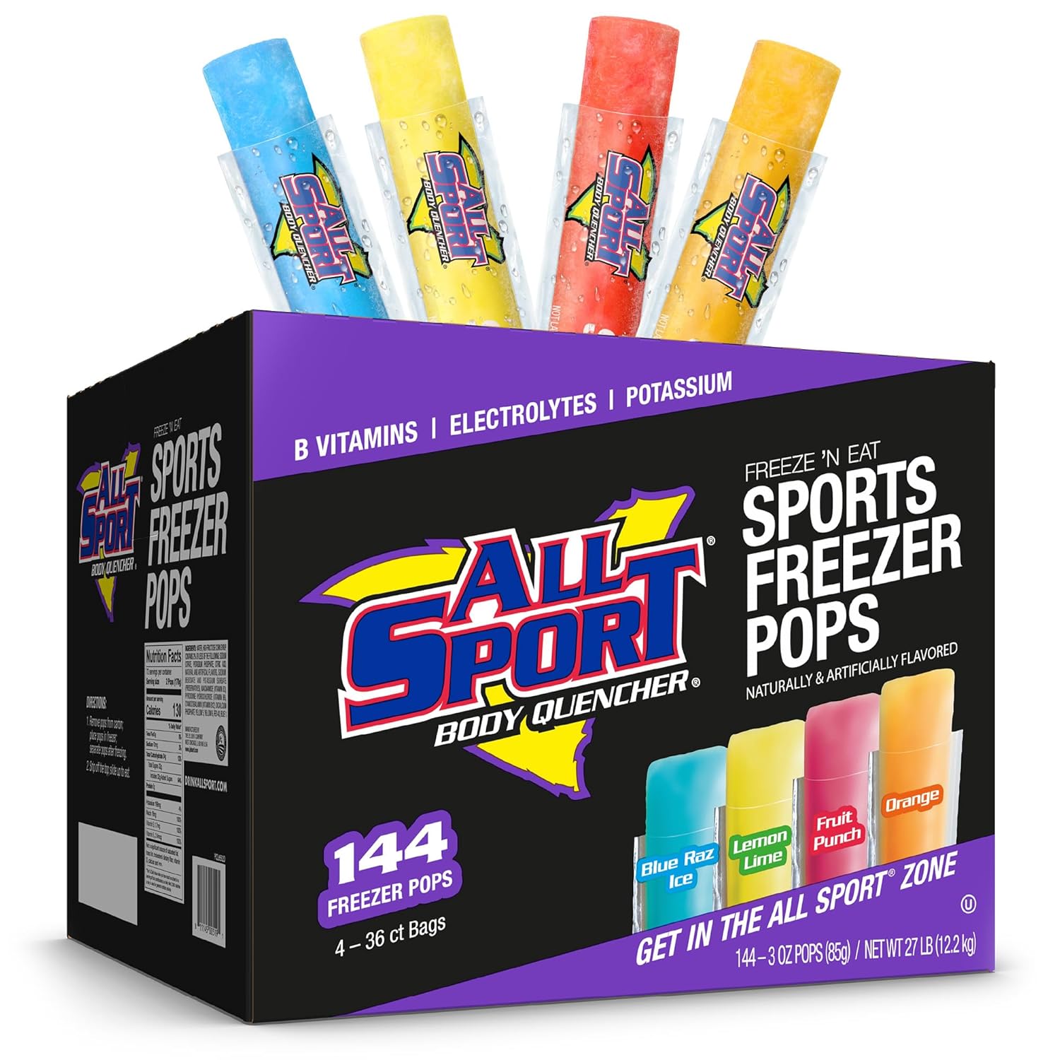 All Sport Freezer Pops, Giant Sized 3oz, 144 CT, Refreshing Ice Pops with Electrolytes