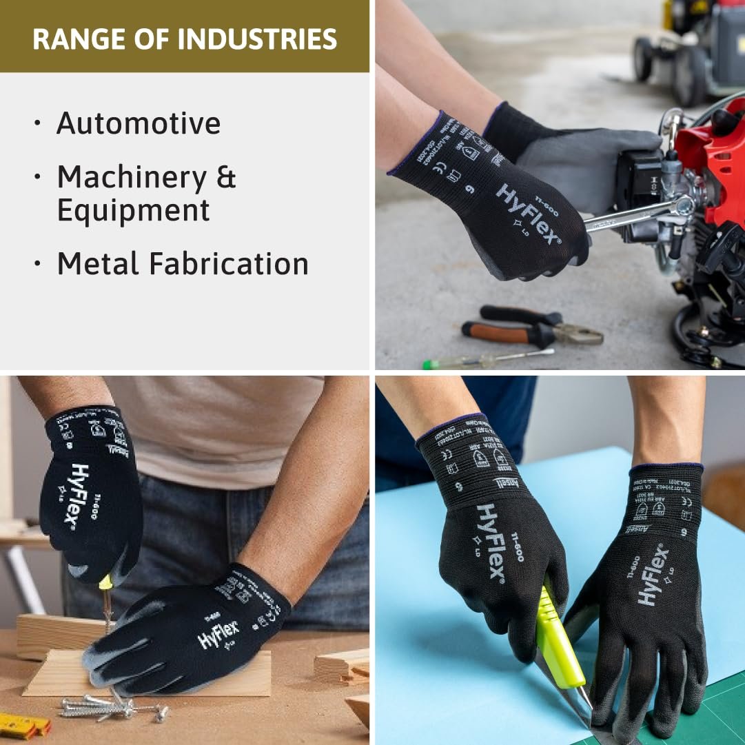 Ansell HYFLEX 11-600 Light Duty Nylon Industrial Gloves w/Palm Coating for Metal Fabrication, Automotive - Medium (8), Black (12 Pairs)