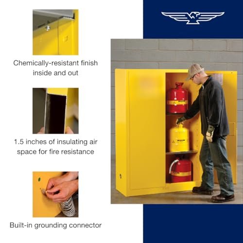 Eagle 45 Gallon Manual-Close Flammable Storage Cabinet, 18 Gauge Steel, 2 Shelves, 2 Door Fire Cabinet, 43" x 18" x 65", Made in The USA, Yellow, 1947X