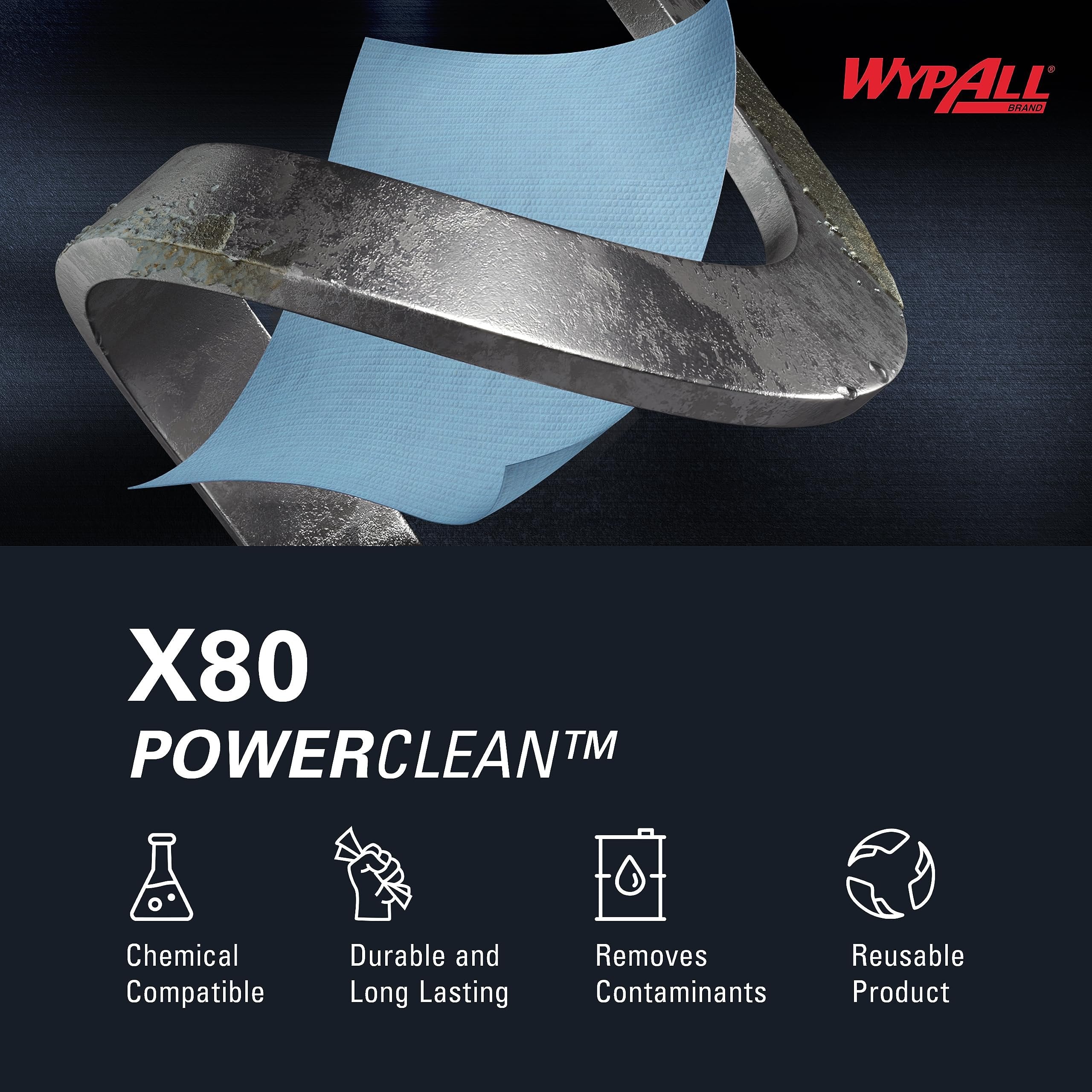 WypAll Power Clean X80 Heavy Duty Cloths, Extended Use Cloths Jumbo Roll, Blue, 475 Sheets/Roll; 1 Roll/Case,8347