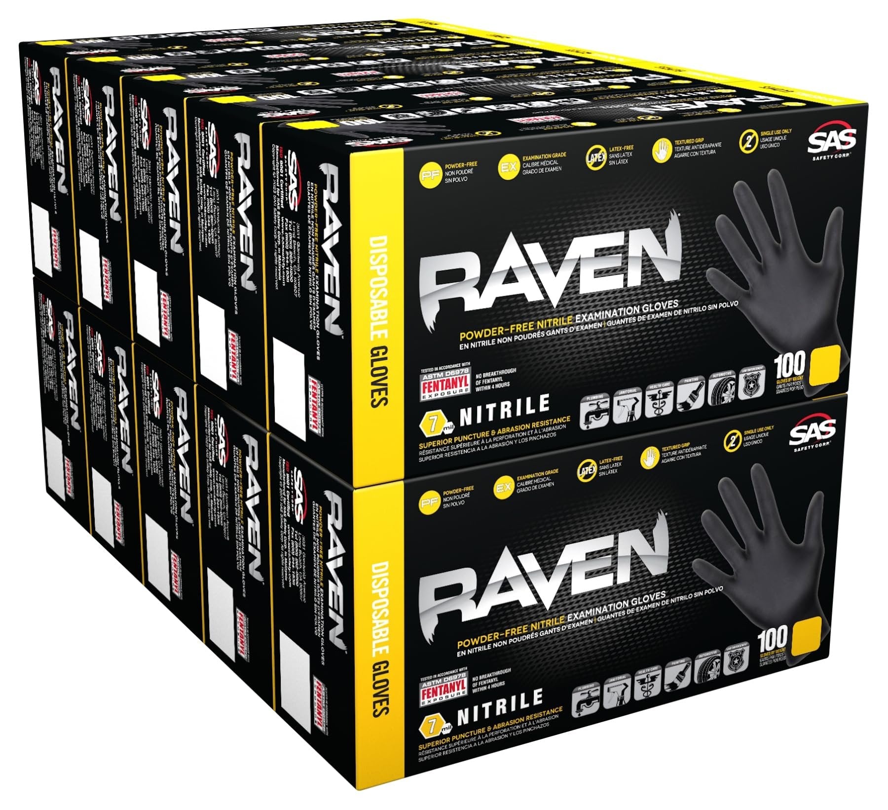 10 Pack SAS Safety 66517 Raven 6 mil Black Nitrile Disposable Gloves 7 Mil - Medium (10 boxes of 100 each)