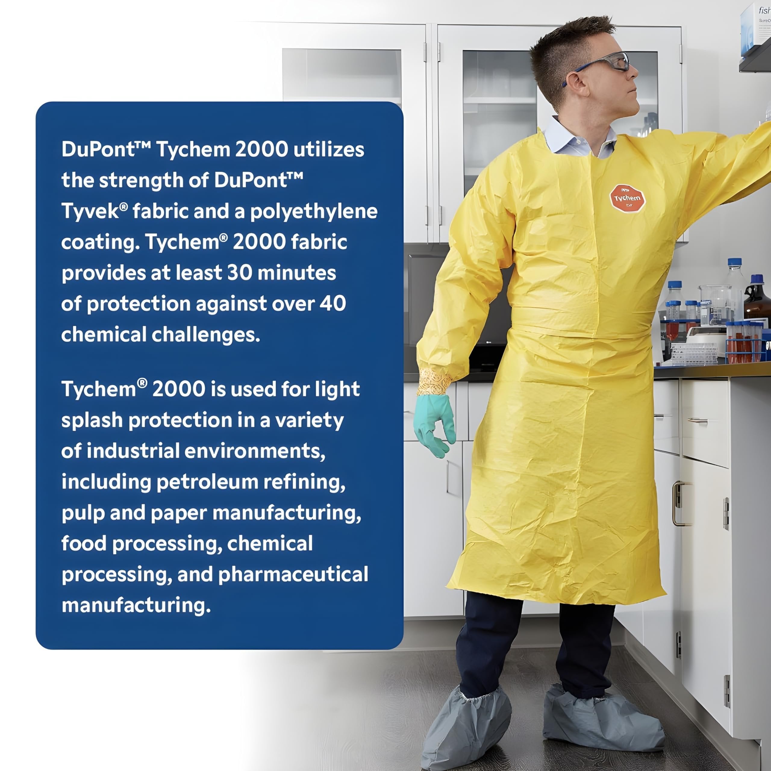 Tychem® 2000 Coverall, Serged Seams, Attached Hood, Elastic Wrists and Ankles, Zipper Front, Storm Flap, Yellow