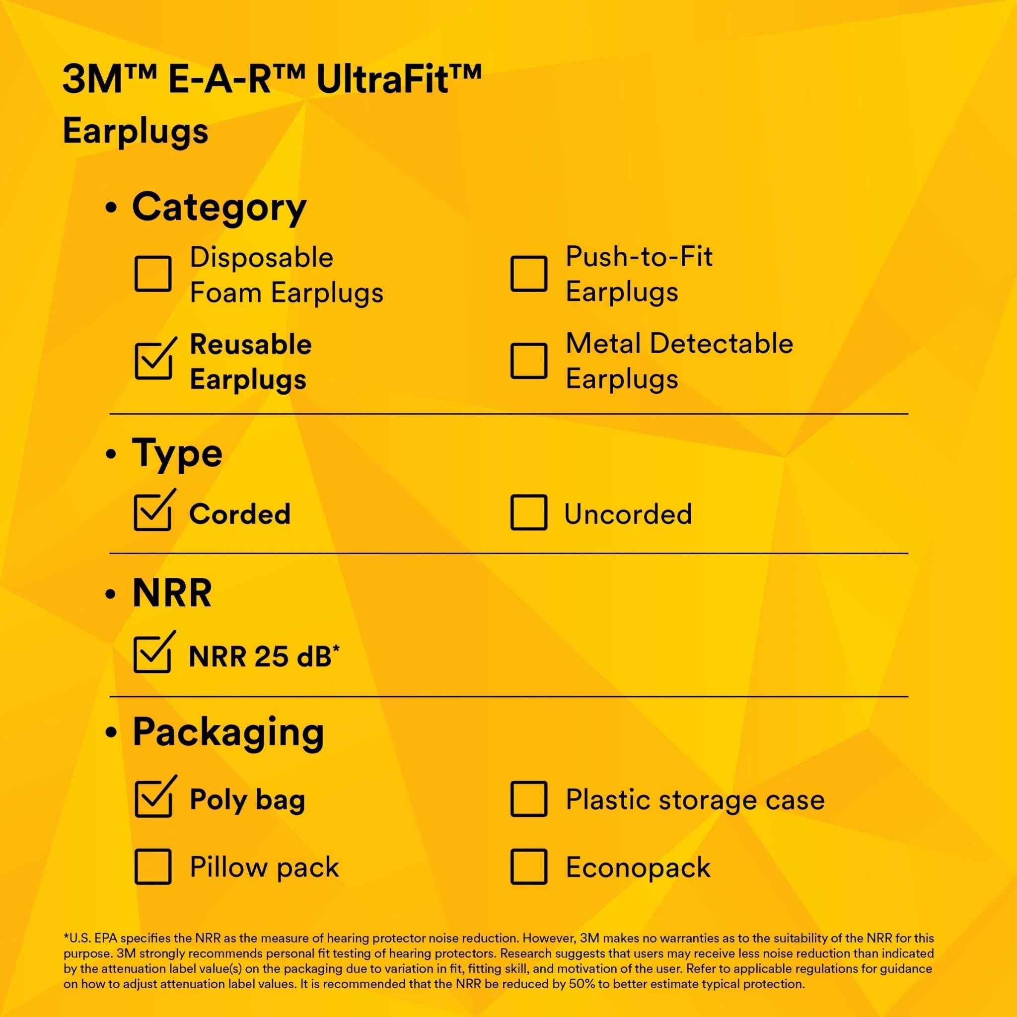 3M™ E-A-R™ UltraFit™ Earplugs 340-4004, Corded, Poly Bag