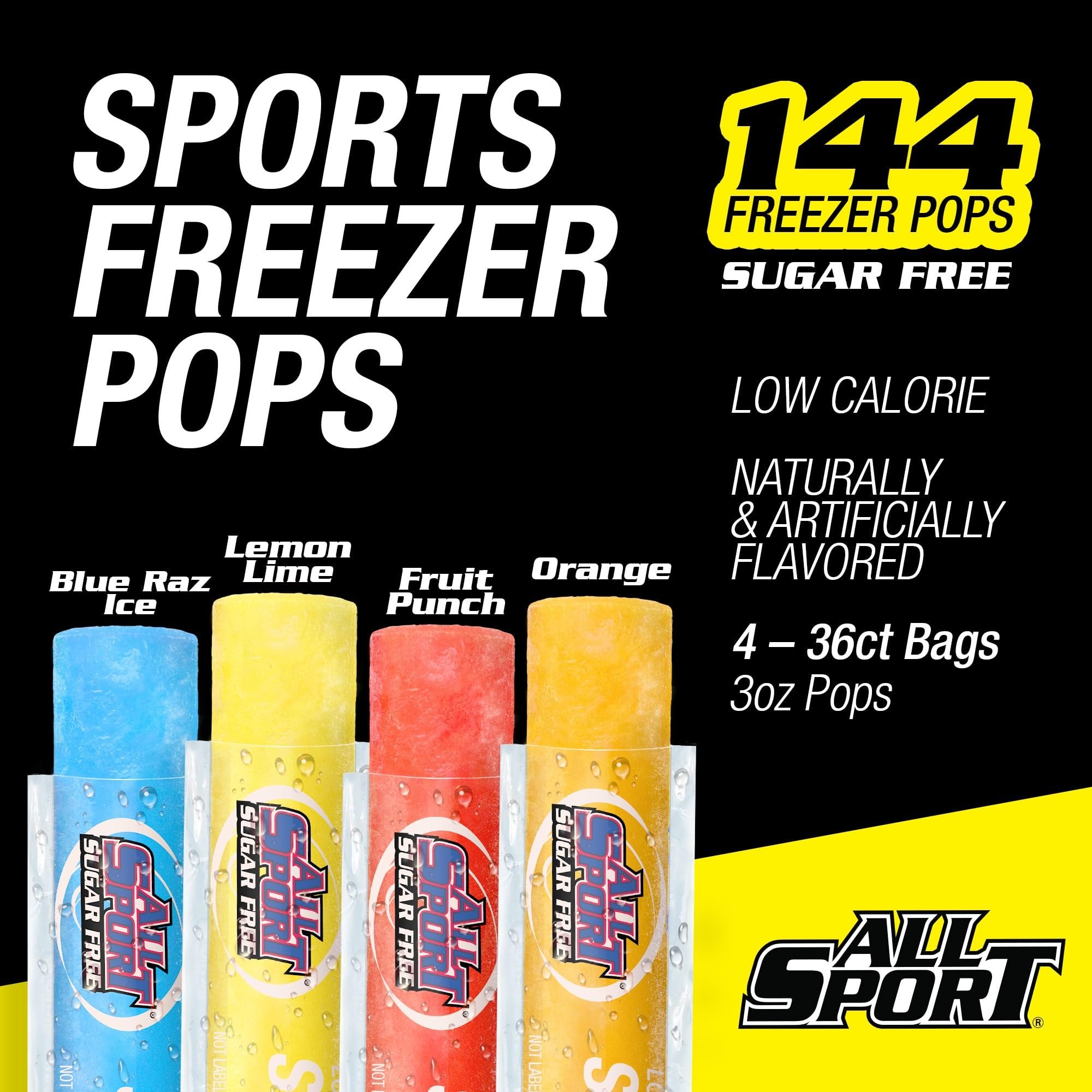 All Sport Freezer Pops, Giant Sized 3oz, 144 CT, Refreshing Ice Pops with Electrolytes