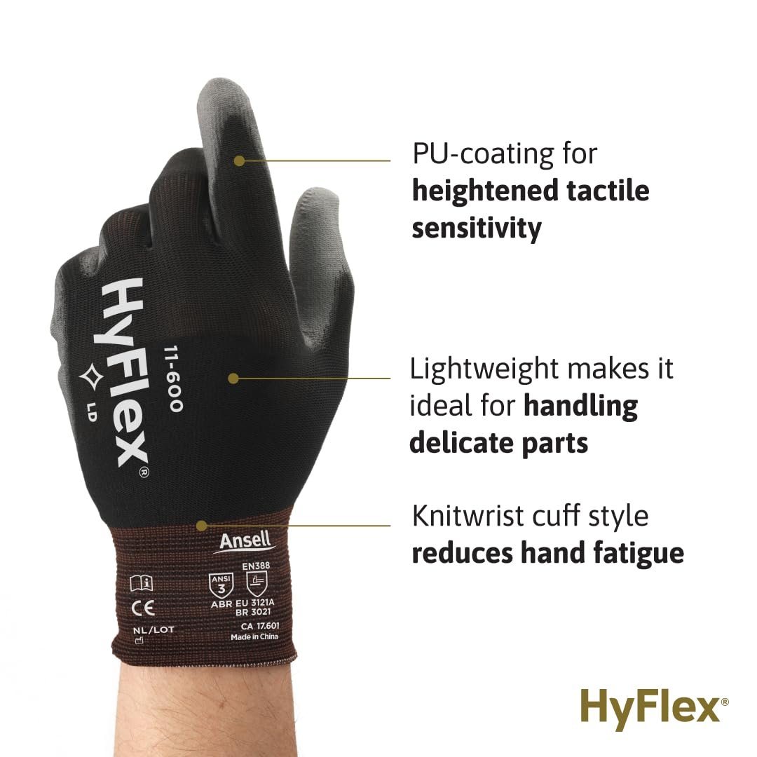 Ansell HYFLEX 11-600 Light Duty Nylon Industrial Gloves w/Palm Coating for Metal Fabrication, Automotive - Medium (8), Black (12 Pairs)