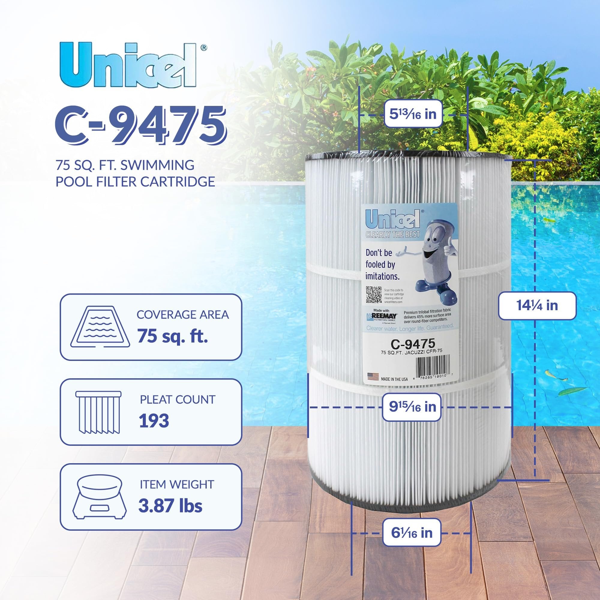 Unicel C-9475 75 Square Foot Media Replacement Pool Filter Cartridge with 193 Pleats, Compatible with Jacuzzi Brothers