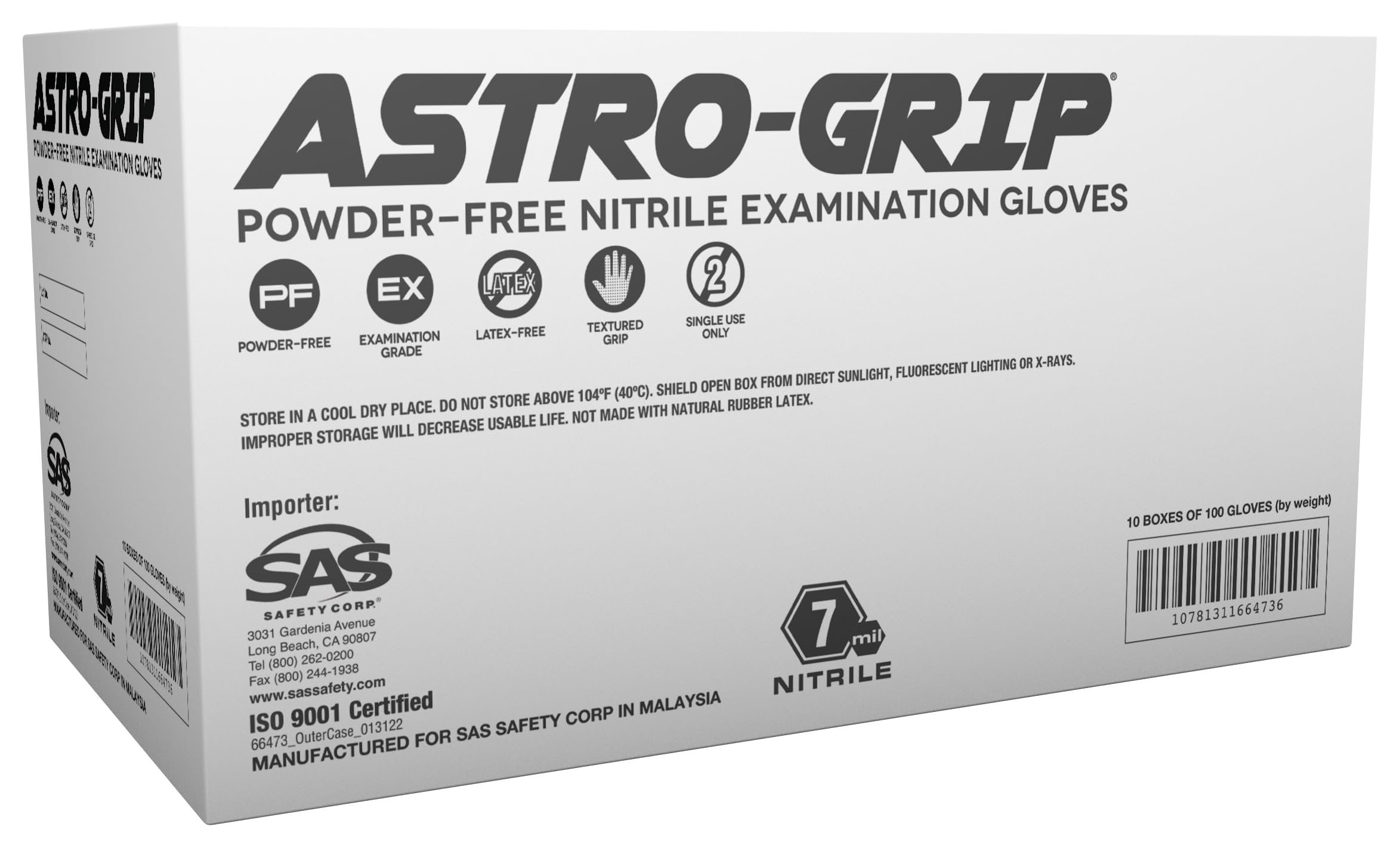 SAS Astro-Grip Powder-Free Exam Grade Nitrile Disposable Gloves - 10 Boxes / 100 Each, Orange, 7 Mil
