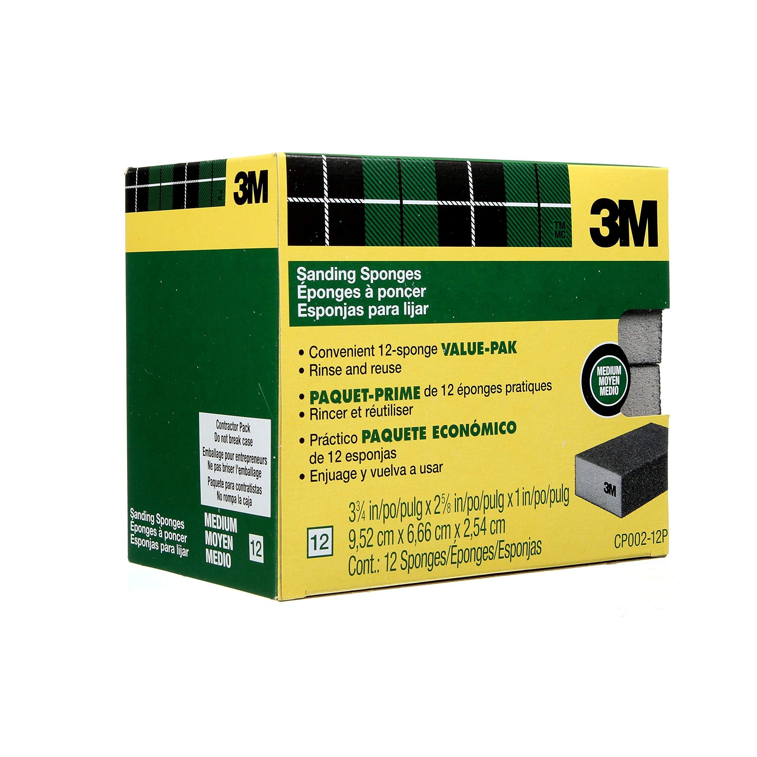 3M Sanding Sponge Block, 12-Pack, Medium Grits, 3-3/4 in x 2-5/8 in, Designed For Sanding Wood, Paint, Metal, Plastic or Drywall, Features 3M Abrasive, Made with Durable Flexible Foam (CP002-12P)
