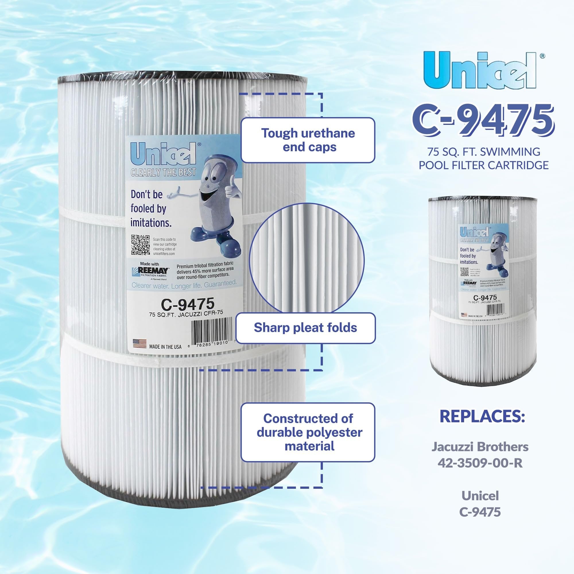 Unicel C-9475 75 Square Foot Media Replacement Pool Filter Cartridge with 193 Pleats, Compatible with Jacuzzi Brothers