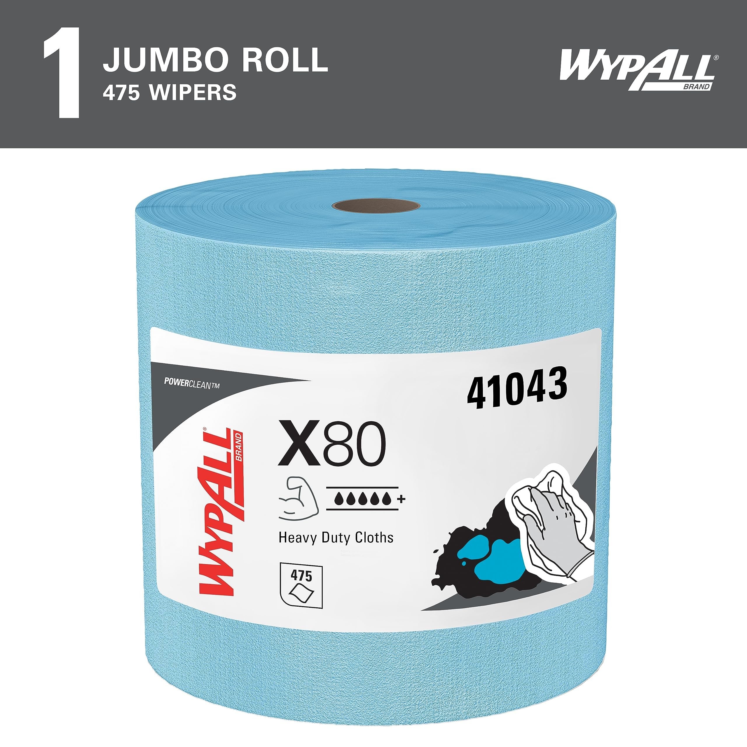 WypAll Power Clean X80 Heavy Duty Cloths, Extended Use Cloths Jumbo Roll, Blue, 475 Sheets/Roll; 1 Roll/Case,8347