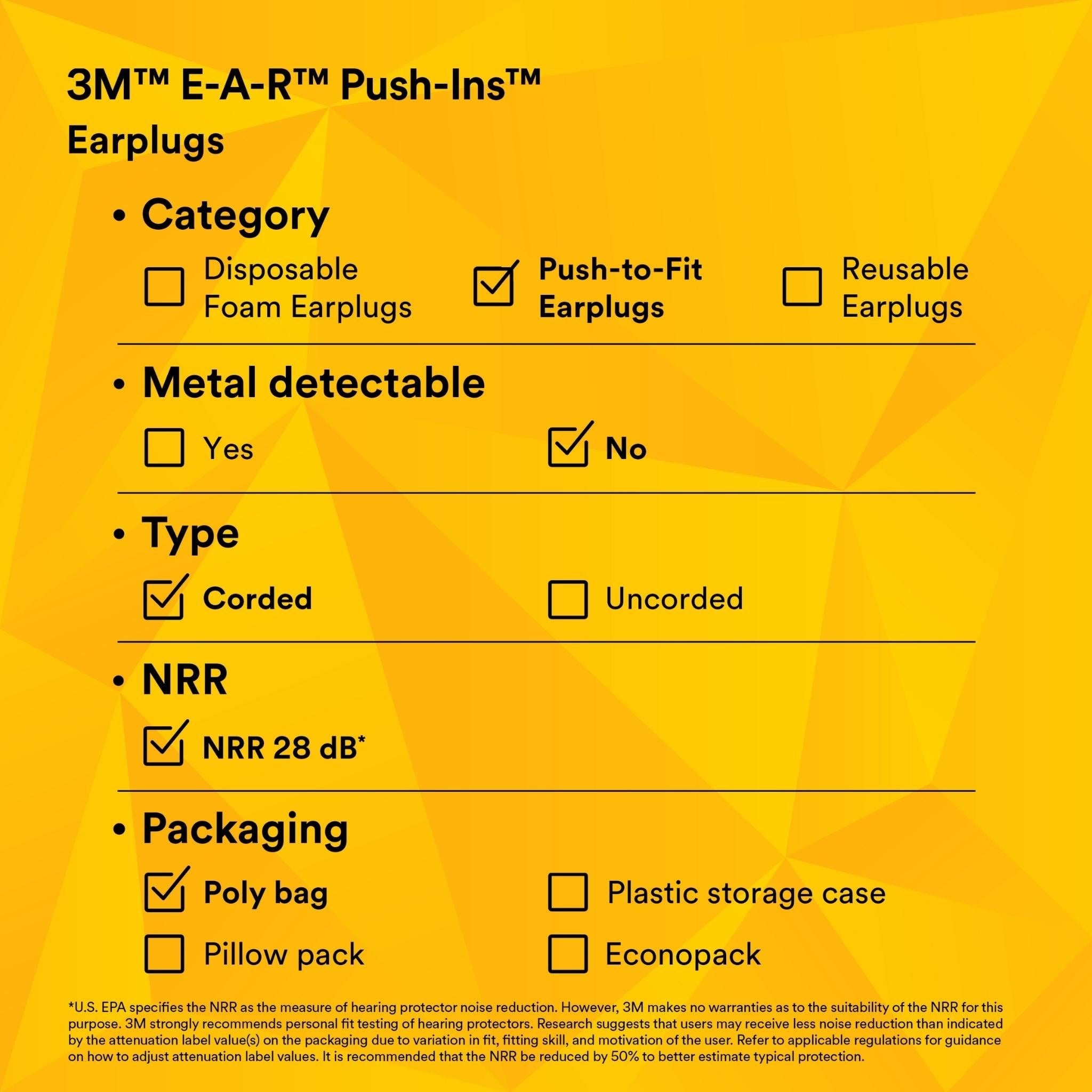 3M™ E-A-R™ Push-Ins™ Earplugs 318-1001, Corded, Poly Bag