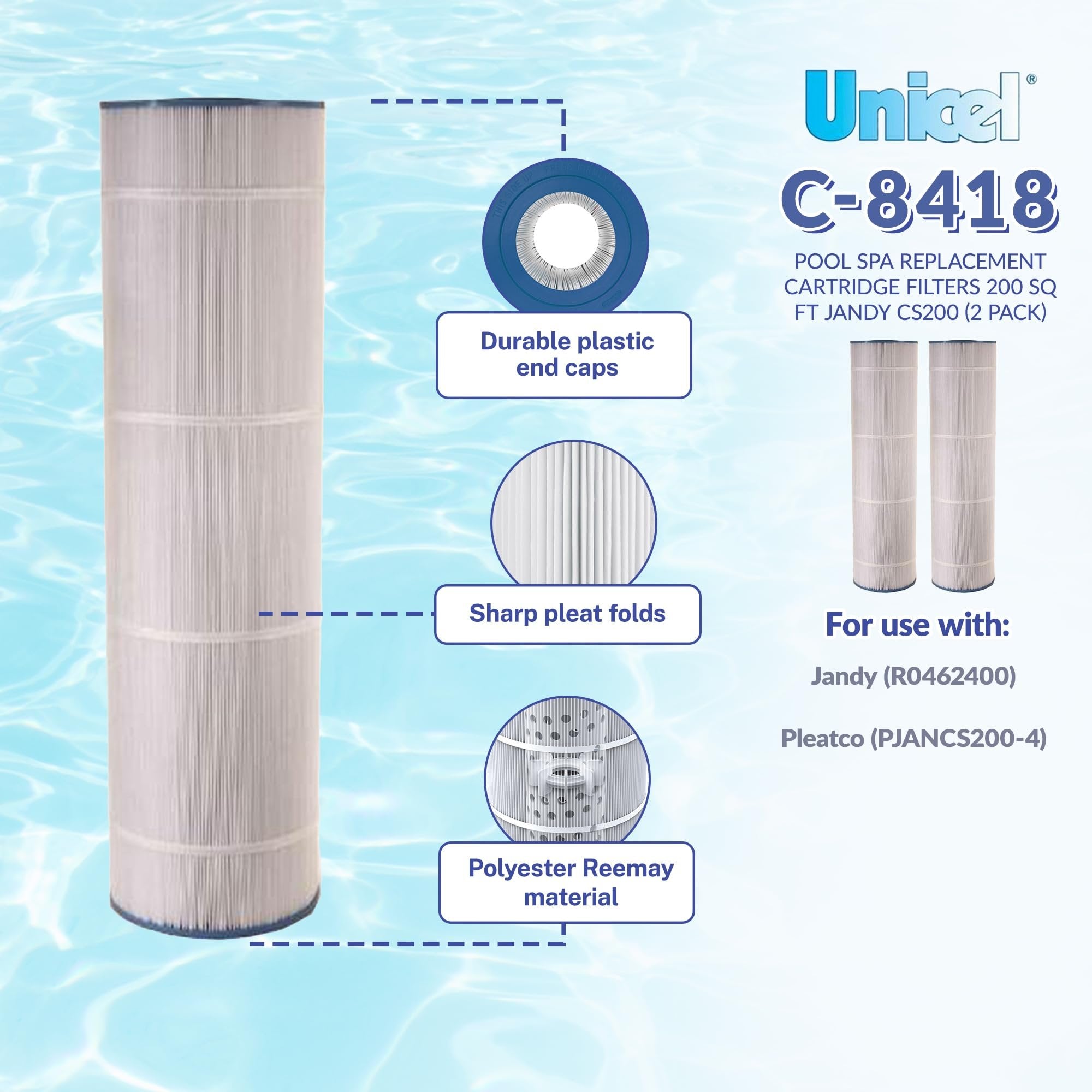 Unicel C-8418 200 Square Foot Media Replacement Pool Filter Cartridge with 200 Pleats, Compatible with Jandy (2 Pack)