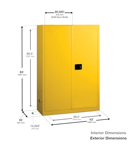 Eagle 45 Gallon Manual-Close Flammable Storage Cabinet, 18 Gauge Steel, 2 Shelves, 2 Door Fire Cabinet, 43" x 18" x 65", Made in The USA, Yellow, 1947X