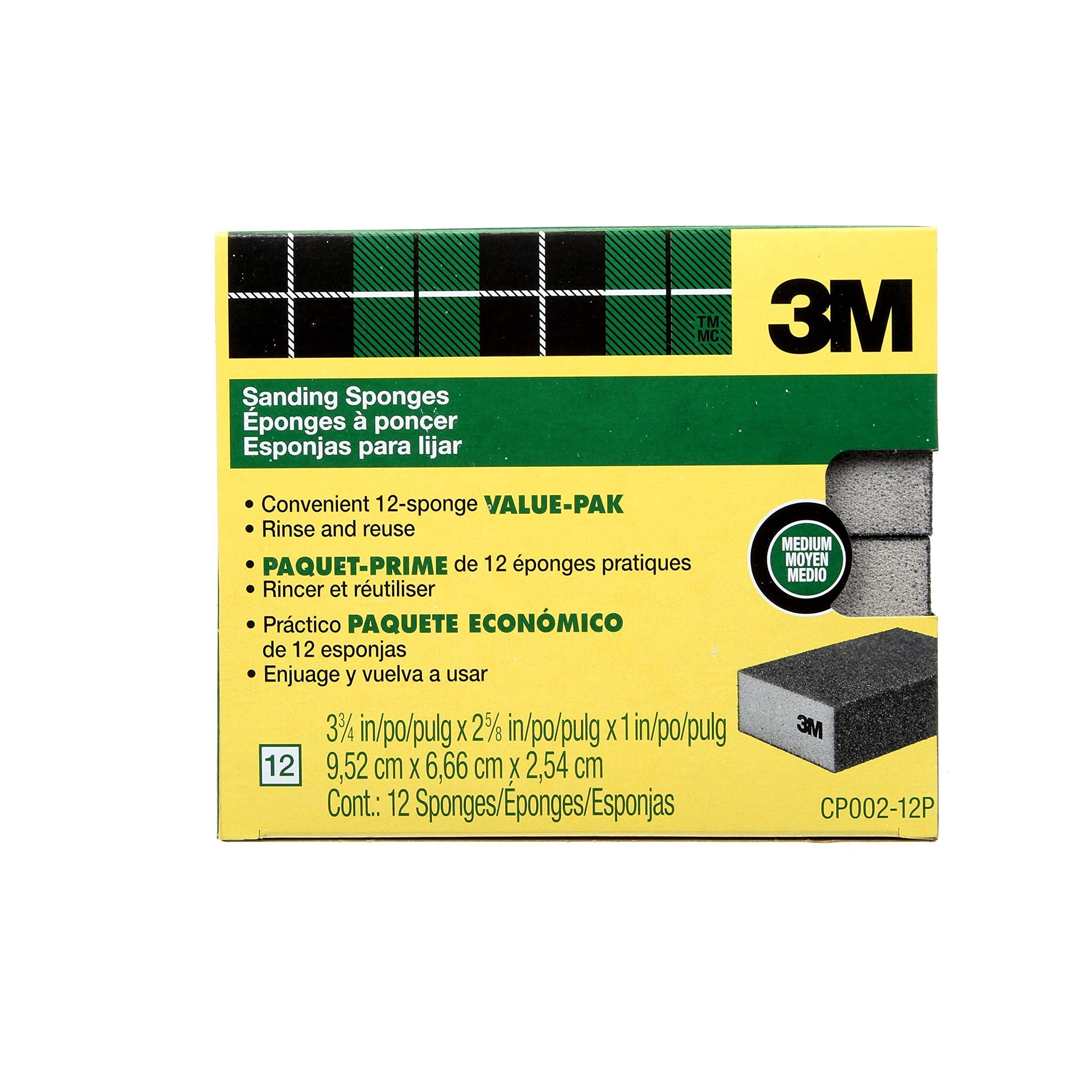 3M Sanding Sponge Block, 12-Pack, Medium Grits, 3-3/4 in x 2-5/8 in, Designed For Sanding Wood, Paint, Metal, Plastic or Drywall, Features 3M Abrasive, Made with Durable Flexible Foam (CP002-12P)