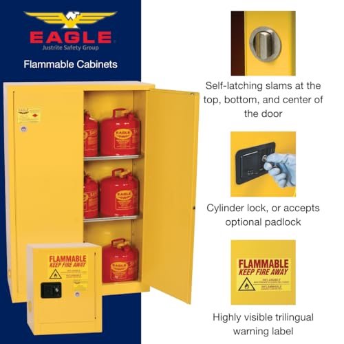 Eagle 45 Gallon Manual-Close Flammable Storage Cabinet, 18 Gauge Steel, 2 Shelves, 2 Door Fire Cabinet, 43" x 18" x 65", Made in The USA, Yellow, 1947X