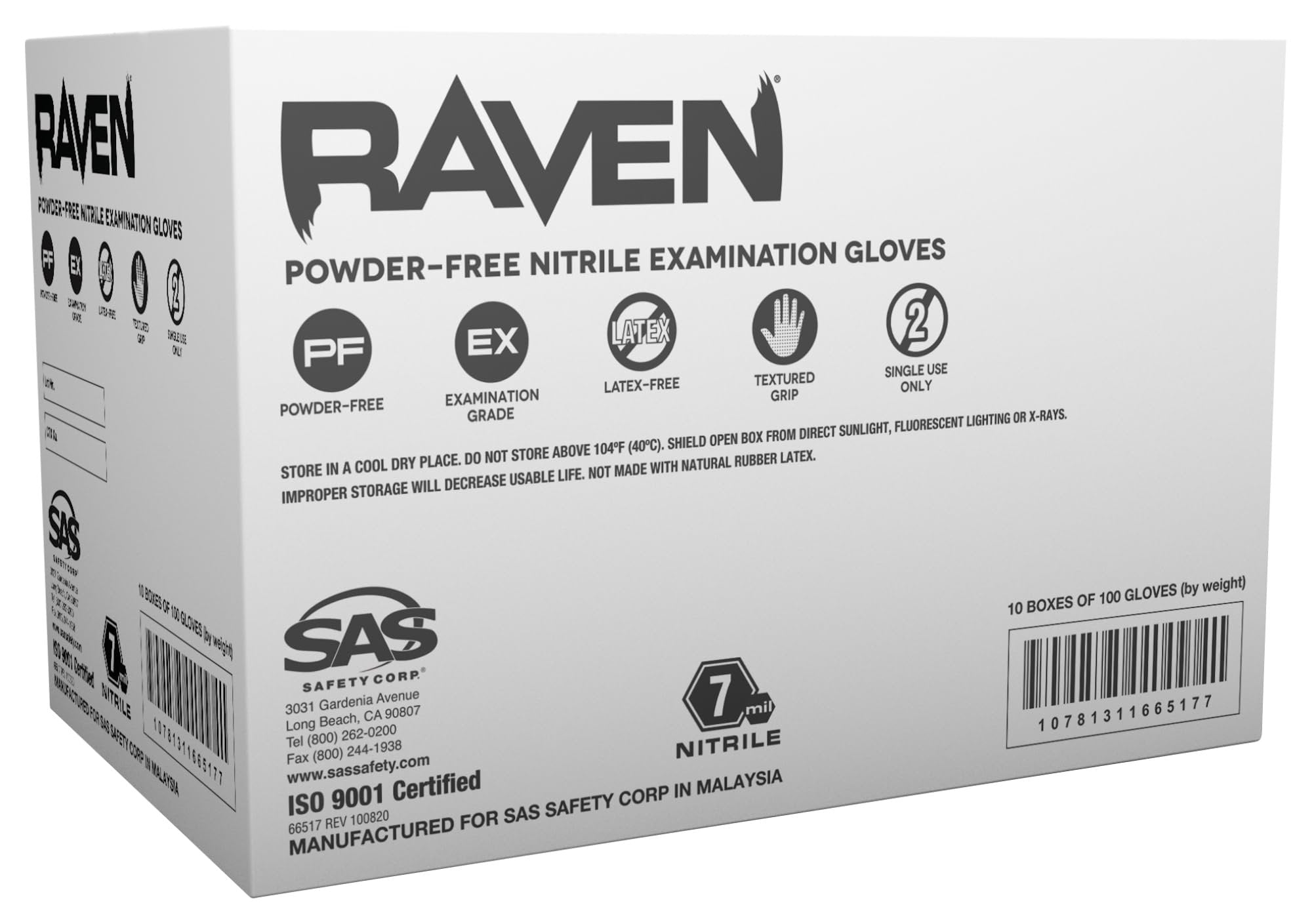 10 Pack SAS Safety 66517 Raven 6 mil Black Nitrile Disposable Gloves 7 Mil - Medium (10 boxes of 100 each)