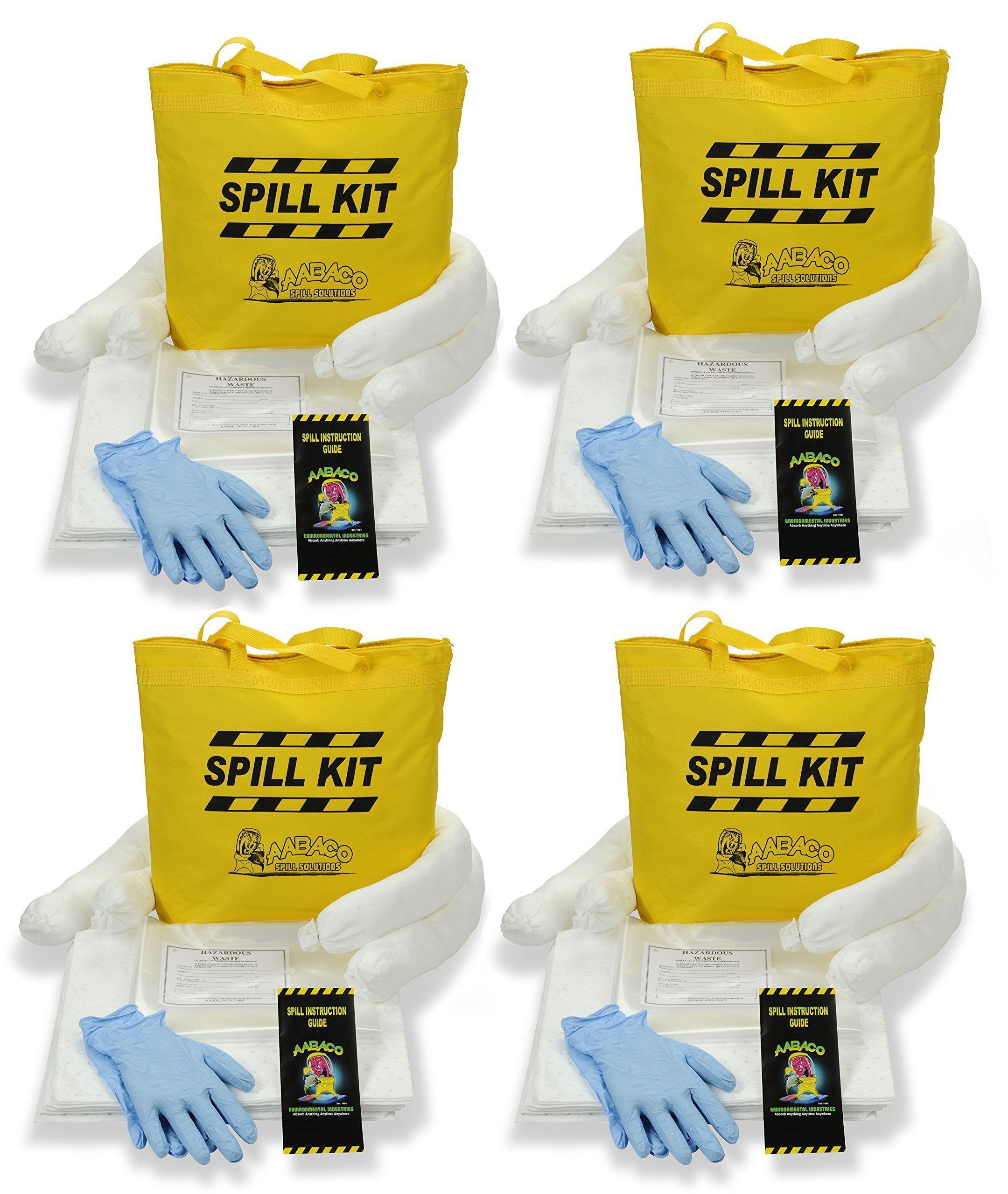 Aabaco Oil Only Spill KIT – Absorbs Oil and Fuel Spills – Repels Water – Kits in Portable Yellow Tote Bag for Trucks – Economical Absorbent (4 Kits)