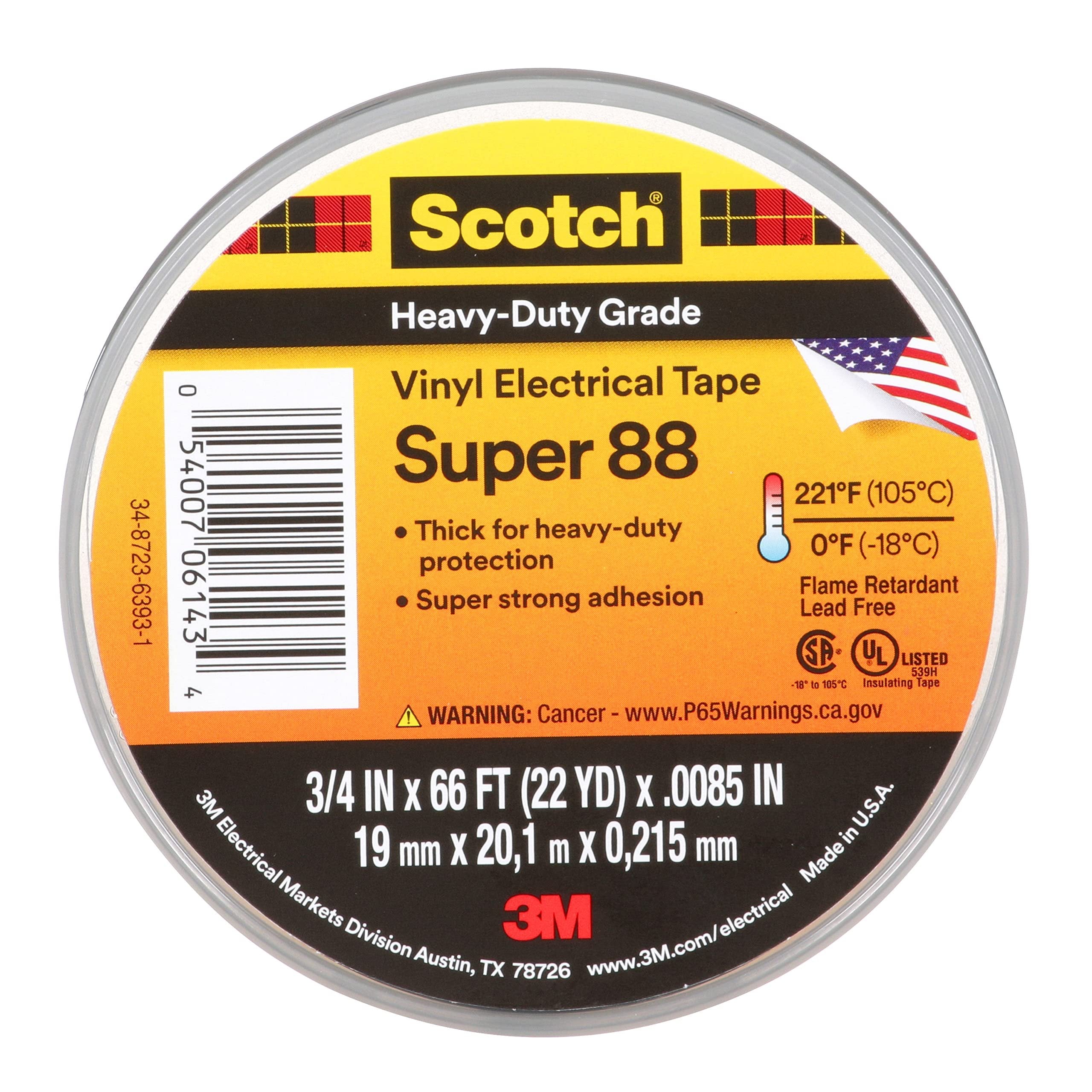 3M Safety Super 88 Vinyl Electrical Tape, .75 in x 66 ft, Black, 1-Roll