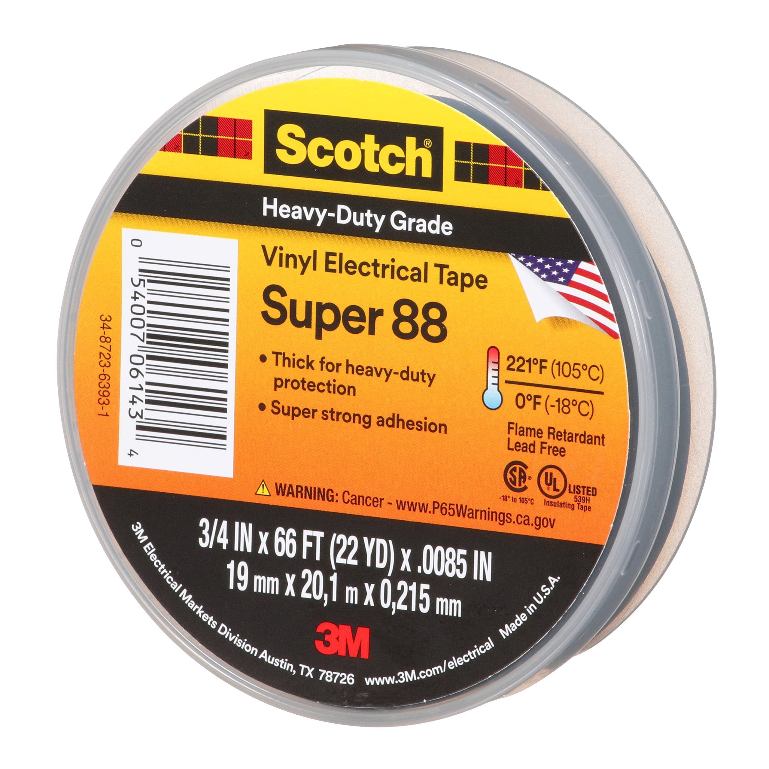 3M Safety Super 88 Vinyl Electrical Tape, .75 in x 66 ft, Black, 1-Roll