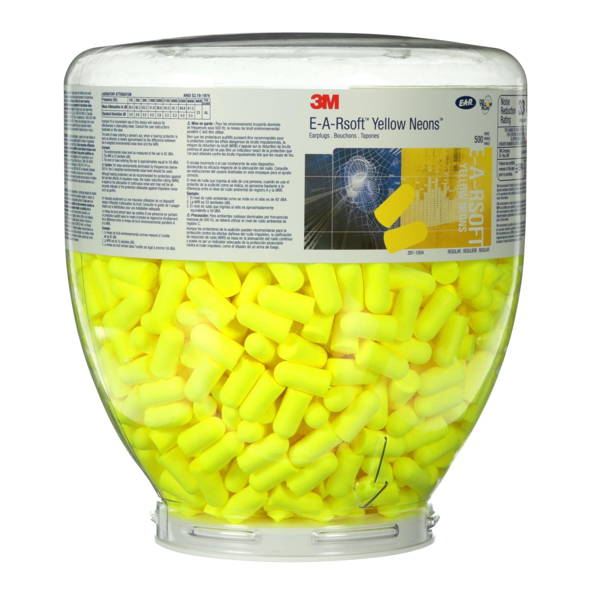 3M™ E-A-Rsoft™ Yellow Neons™ 500 Pair, One Touch™ Refill Earplugs 391-1004, Uncorded, Regular Size