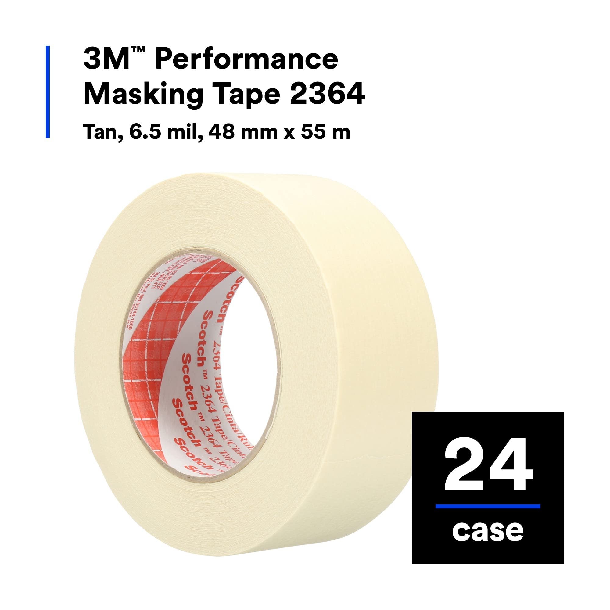 3M Performance Masking Tape 2364, Clean Removal, Versatile Adhesive, Tan Color, 6.5 mil, 48 mm x 55 m, 24/Case