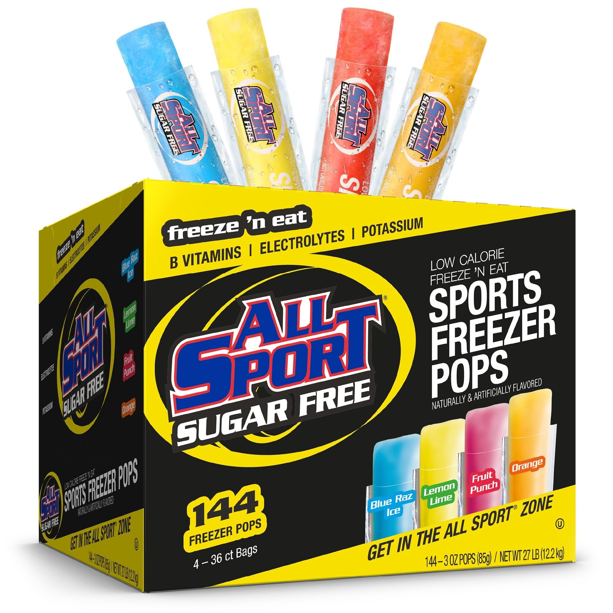 All Sport Freezer Pops, Giant Sized 3oz, 144 CT, Refreshing Ice Pops with Electrolytes
