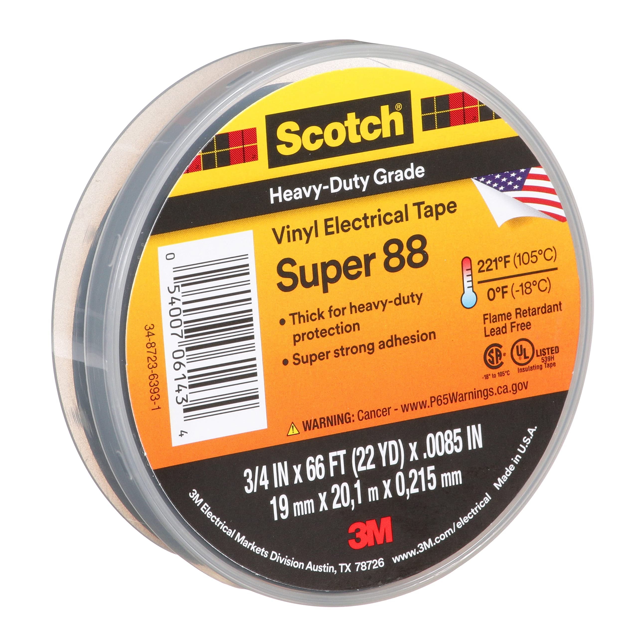 3M Safety Super 88 Vinyl Electrical Tape, .75 in x 66 ft, Black, 1-Roll