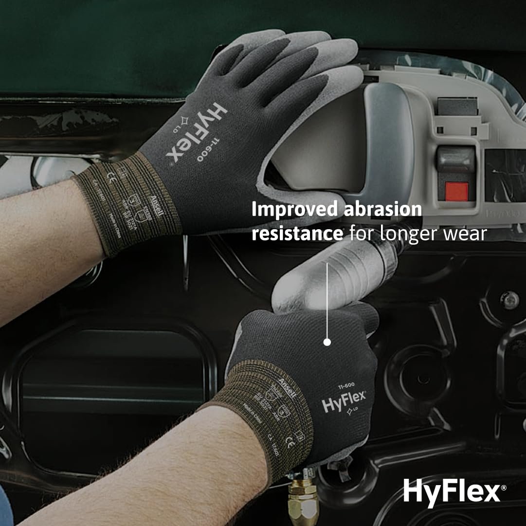 Ansell HYFLEX 11-600 Light Duty Nylon Industrial Gloves w/Palm Coating for Metal Fabrication, Automotive - Medium (8), Black (12 Pairs)