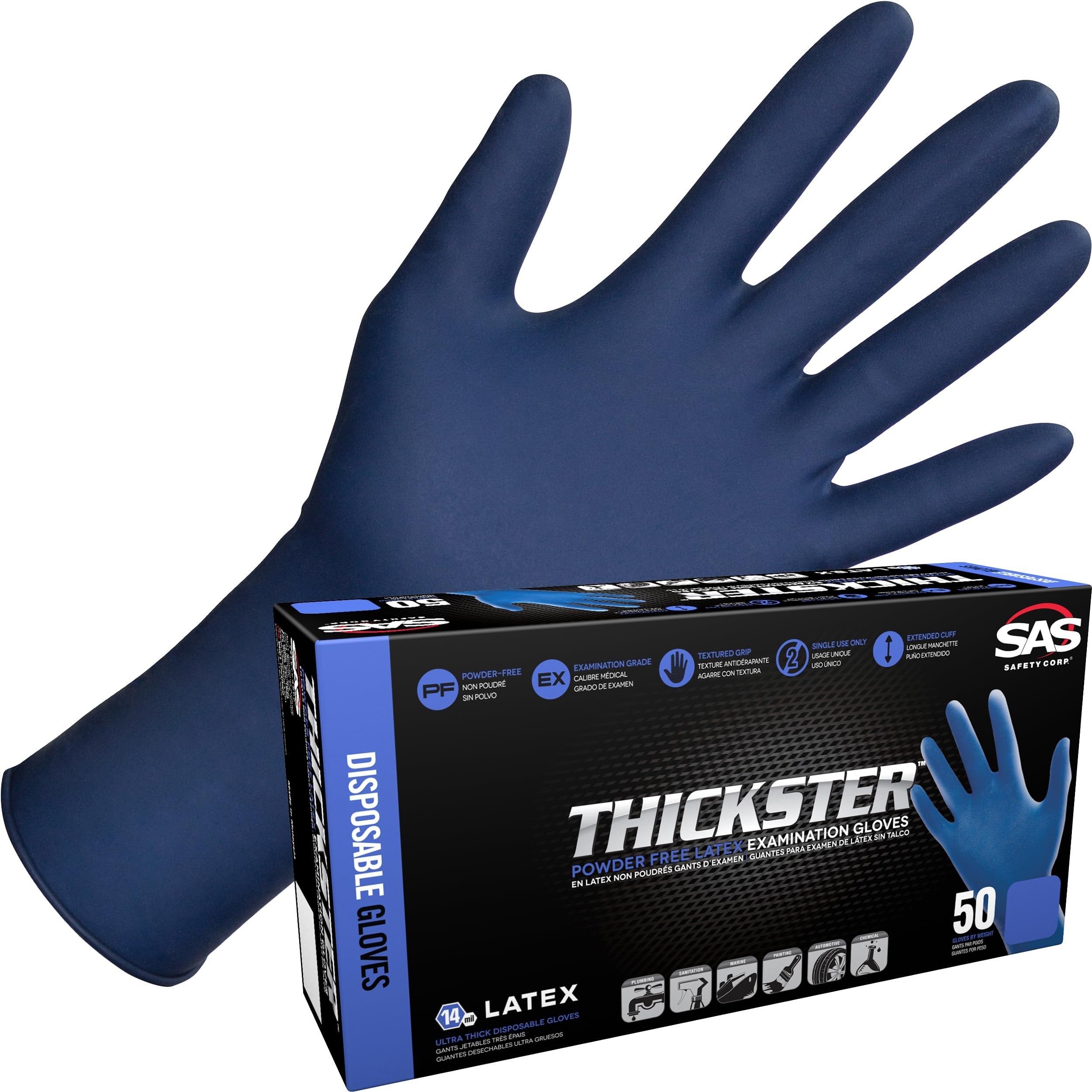 Thickster Powder-Free Exam Grade Latex Disposable Gloves. Blue, 14 mil Thickness, 12" Length. Single Use. Pack of 50.