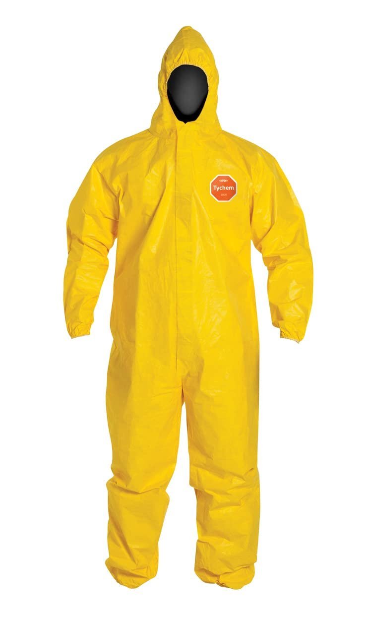 Tychem® 2000 Coverall, Serged Seams, Attached Hood, Elastic Wrists and Ankles, Zipper Front, Storm Flap, Yellow