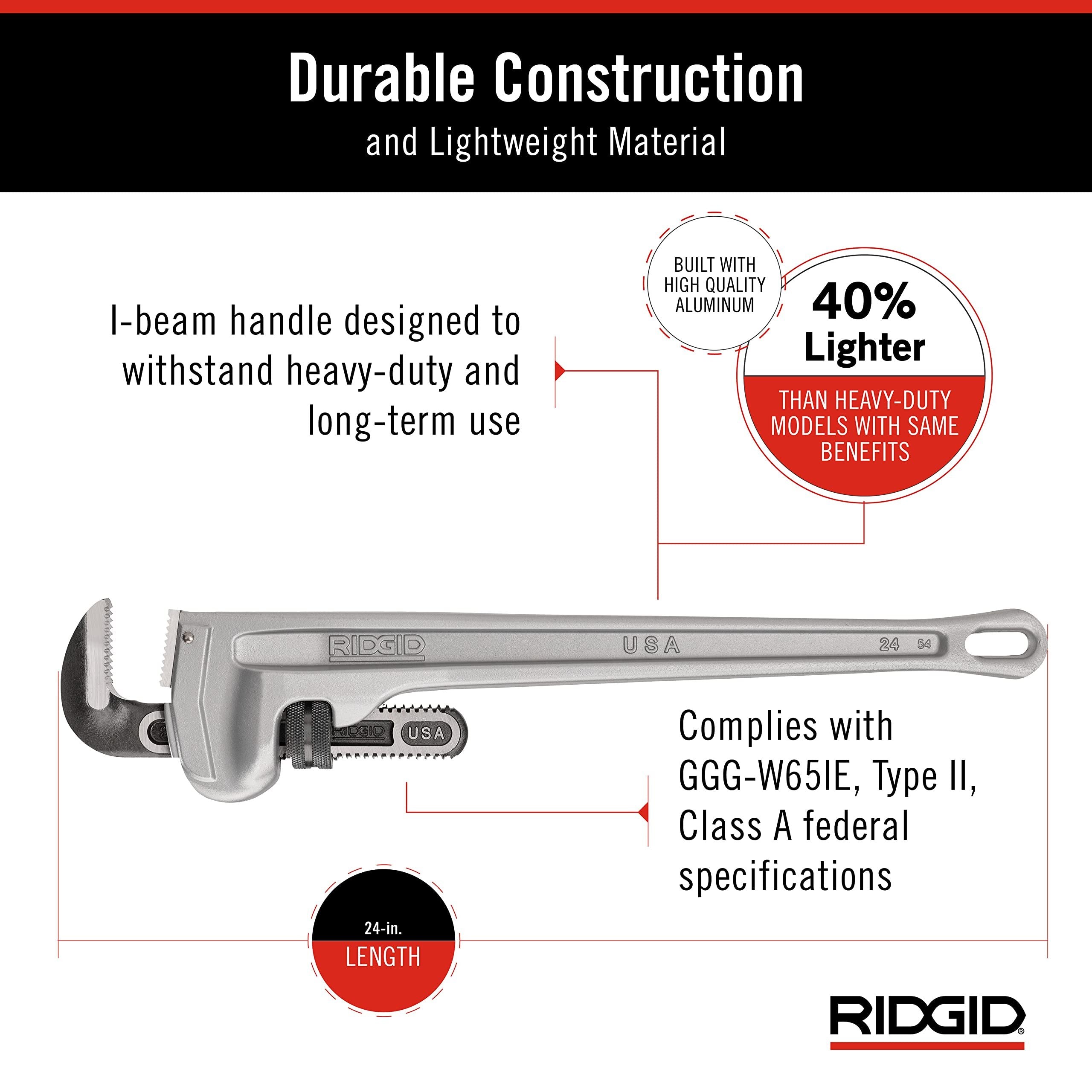 RIDGID 31105 Model 824 Aluminum Straight Pipe Wrench, 24-inch Plumbing Wrench, grey